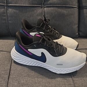 Nike Revolutiin Women's Black, White, and Purple Athletic Shoes